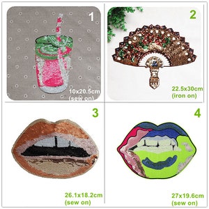 Puede incluir: Cuatro parches de lentejuelas: una bebida, un abanico, labios y labios. La bebida es rosa y verde, 10 x 20,5 cm. El abanico es dorado y rojo, 22,5 x 30 cm. Unos labios son dorados, 26,1 x 18,2 cm. Los otros labios son multicolores, 27 x 19,6 cm.