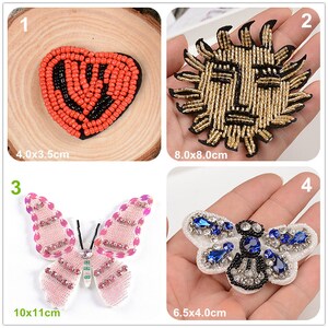 May include: Four embroidered iron-on patches. A red heart, a gold sun with a face, a pink butterfly, and a blue and white bee. The patches are all different sizes and are perfect for adding a touch of personality to clothing, bags, or other accessories.
