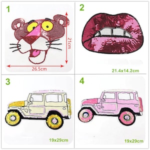 May include: Four iron-on patches with sequin designs. The patches are pink, red, and yellow. The designs include a pink panther face, red lips, a yellow and pink jeep, and a pink jeep. The patches are approximately 21 cm x 14 cm, 26.5 cm x 21 cm, and 19 cm x 29 cm.