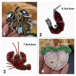 May include: Four embroidered iron-on patches featuring a monstera leaf, a shrimp, a lobster, and a peach. The patches are made of beads and sequins and are approximately 4.8x6.5 cm, 6.3x4.4 cm, 7.8x4.6 cm, and 6.2x5.8 cm.