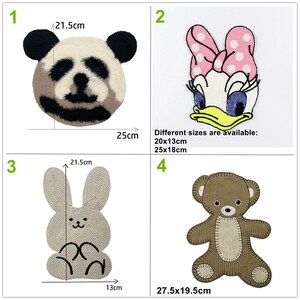 May include: Four embroidered iron-on patches featuring a panda bear, a cartoon duck, a bunny rabbit, and a teddy bear. The panda bear patch is 21.5 cm in diameter and 25 cm wide. The duck patch is available in two sizes: 20 x 13 cm and 25 x 18 cm. The bunny patch is 21.5 cm tall and 13 cm wide. The teddy bear patch is 27.5 cm wide and 19.5 cm tall.