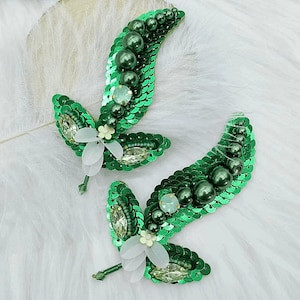 Crystal Sequins Beaded Fabric Green Leaf Plant Applique Leaves cloth patch DIY badge Craft decorative cloth hair bag accessory supply