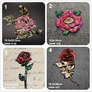 Peut inclure: Quatre patchs de roses à coudre avec des paillettes. Les roses sont dans des tons de rose, rouge et bordeaux. Les feuilles sont vertes et dorées. Les patchs sont de différentes tailles, allant de 9,5 x 10 cm à 18,5 x 30 cm.