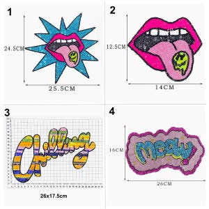 May include: Four iron-on patches with colorful sequin designs. The patches feature a pink mouth with a tongue sticking out, a blue starburst with a pink mouth and tongue, the word "Chillin'" in rainbow colors, and the word "Meow" in pink, blue, and yellow colors. The patches are approximately 25.5 cm x 24.5 cm, 14 cm x 12.5 cm, 26 cm x 17.5 cm, and 26 cm x 16 cm.