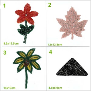 Puede incluir: Cuatro parches de aplique de cuentas en diferentes formas y colores. Una flor roja, una hoja de arce rosa, una flor amarilla y un triángulo negro. Los parches miden 8,5x15,5 cm, 12x12,8 cm, 14x19 cm y 4,6x8,0 cm.