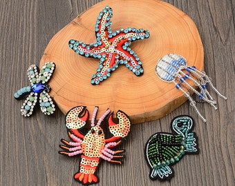 Crystal Beaded Sea Star Lobster Turtle Dragonfly Jellyfish Applique Patch DIY badge Craft decorative cloth hand bag accessory supply