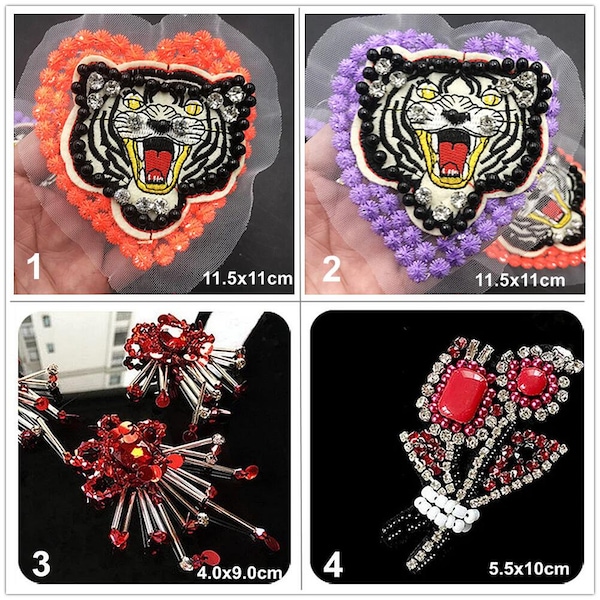 Crystal Beaded Heart Tiger Red Flowers Appliques Beaded Sew on cloth patch DIY garment accessories decorative cloth Sale