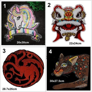 May include: Four embroidered iron-on patches.  The first patch is a pink, blue, and yellow unicorn with a banner that reads "26x30cm". The second patch is a red and white lion dance head with the text "22x24cm". The third patch is a red dragon with the text "28.7x26cm". The fourth patch is a brown and yellow leopard with the text "30x27.5cm".