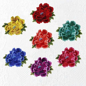 May include: Assortment of embroidered flower patches in various colors, including red, yellow, blue, green, and purple. The patches feature a peony flower design with green leaves.