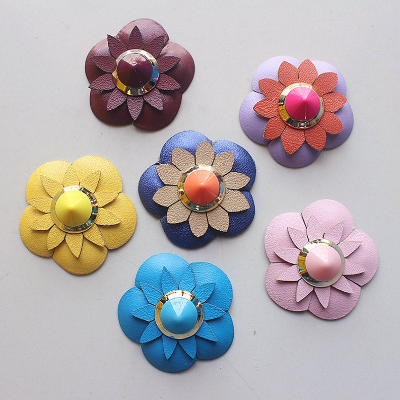 4.6cm Colorful Rivet leather Flower Applique cloth stickers Etsy