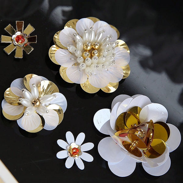 Golden White Crystal Beaded Flower Applique cloth DIY Brooch badge Craft decorative Party cloth hair bag accessory supply