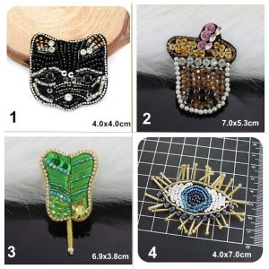 May include: Four embroidered iron-on patches with various designs. The first patch is a black cat with white eyes, 4.0 x 4.0 inches. The second patch is a brown and gold cup with a pink swirl on top, 7.0 x 5.3 inches. The third patch is a green leaf with gold accents, 6.9 x 3.8 inches. The fourth patch is a blue eye with gold accents, 4.0 x 7.0 inches.
