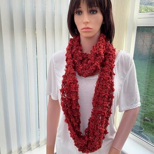 May include: A red crocheted infinity scarf with a loose, open weave.