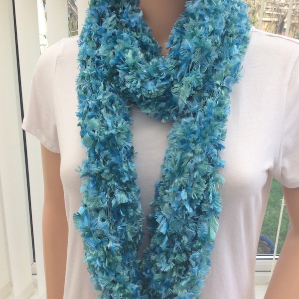 Very soft and gentle infinity scarf, in shades of aqua & turquoise, a great value gift, too, smart circular wrap, feather yarn scarf, soft,