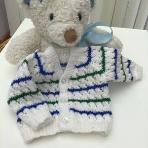Hand Knit Stripe Baby Cardigan: Unisex White Jacket (0-3 Months)