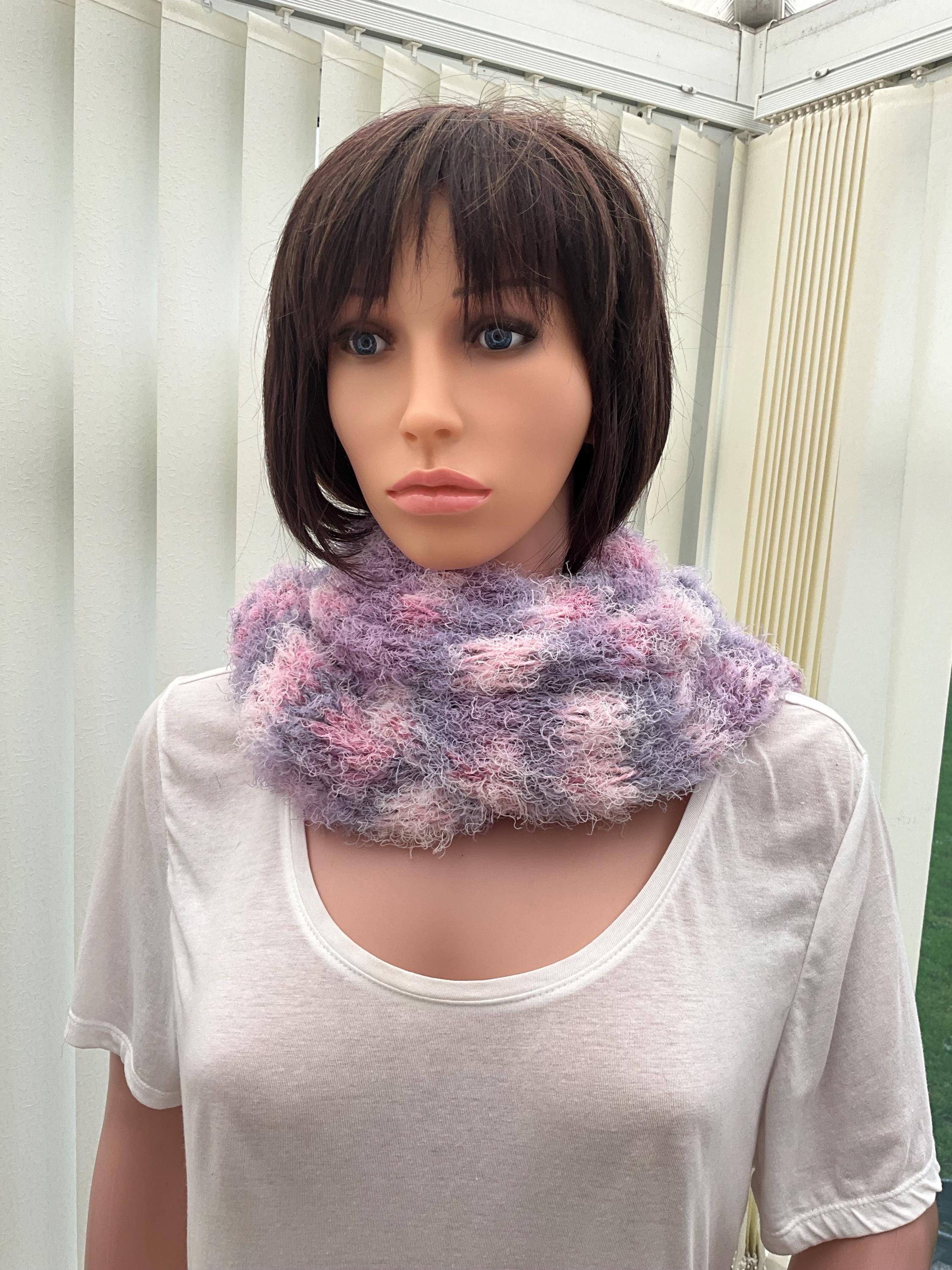 Stripy Fringed Scarf: Pink & Purple Eyelash Yarn, Cosy Winter