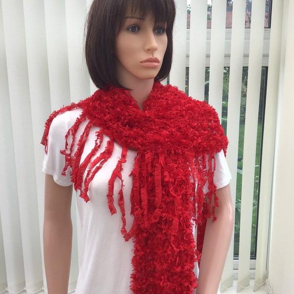 Eye catching, sassy and stylish, red shawl, in a soft feathery yarn, Stunning fashion, vibrant red wrap, bright red shawl, crimson accessory