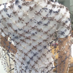 Hand Crochet Shawl: Blue, Cream & Brown Lurex Wedding Accessory