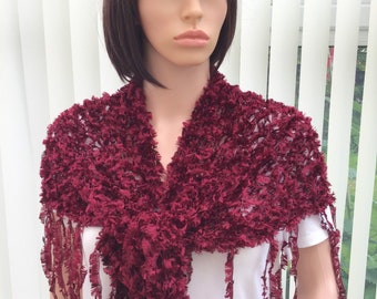 Gentle feather shawl, rich wine shade, dress up any outfit,  chic wrap, quality gift for her, soft evening wear, ruby red shawl, easy wear,