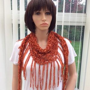 Soft, dark orange scarf, its russet tones, Autumn hues, complement many outfits, soft around neck, handknit orange wrap, rich orange shade,