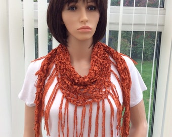 Handknit Orange Fringe Scarf: Soft Autumn Wrap