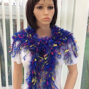 Vibrant, soft, silky scarf, blue with coloured threads. Make a statement, with this beautiful accessory, statement scarf,blue fashion scarf,