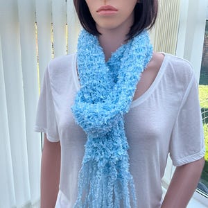 Long scarf in baby blue, with a sparkle  thread, a pretty accessory,  anytime wear, handmade blue scarf, versatile blue scarf, blue,