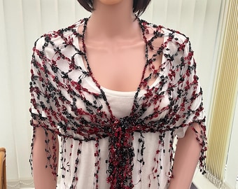Metallic Red & Black Crochet Shawl with Fringe