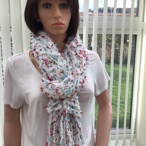 White Eyelash Yarn Wrap: Colorful Strand Shawl