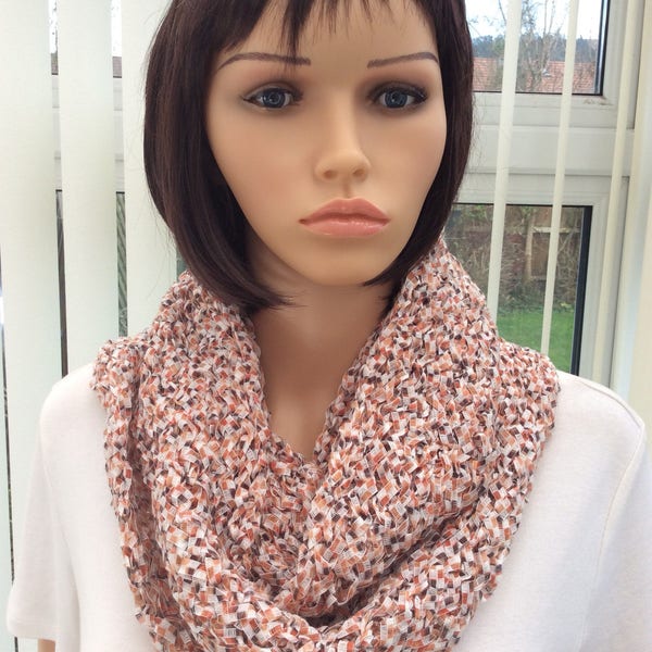 Pretty mix of brown, orange & cream, smart infinity scarf, stylish and warm, handcrafted scarf, long circle scarf, present for her, non bulk