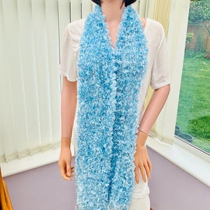 very long scarf, snuggly accessory, super gentle on neck, baby blue scarf, unique soft texture, light but snug wear, long straight scarf,