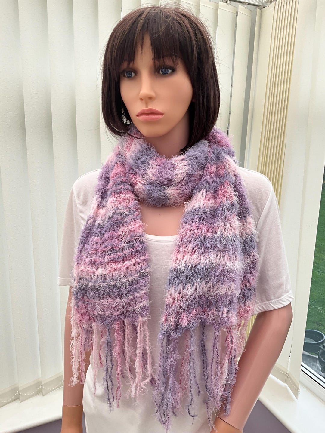 Stripy Fringed Scarf: Pink & Purple Eyelash Yarn, Cosy Winter