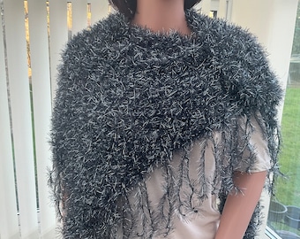 Silver n black wrap, for formal event, black sparkle shawl, dinner dance, cruise wear for her, party wear, dressy black wrap, formal event,