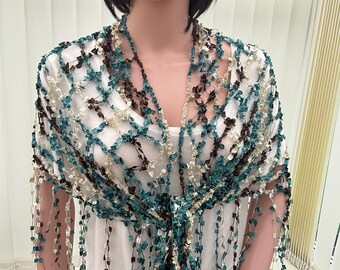 Crochet Turquoise Shawl with Lurex Sparkle: Lightweight Travel Wrap