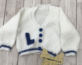 Smart white cardigan, first size baby wear, baby gift idea, lovely gift for baby, bespoke gift for boy, hand knitted outfit, smart jacket,