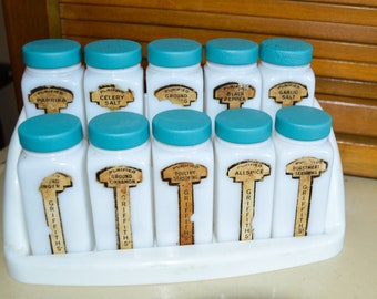 City Scene Design Vintage Milk Glass Spice Shakers Made in Belgium