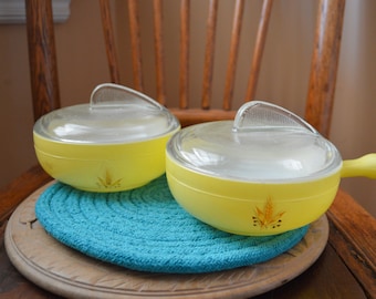 Pair of Vintage Glasbake Individual Casserole Dishes, Wing Lids, Lug Handles, Wheat Design, 1960s, Yellow, Oven Proof, Gift for Her,Gift him