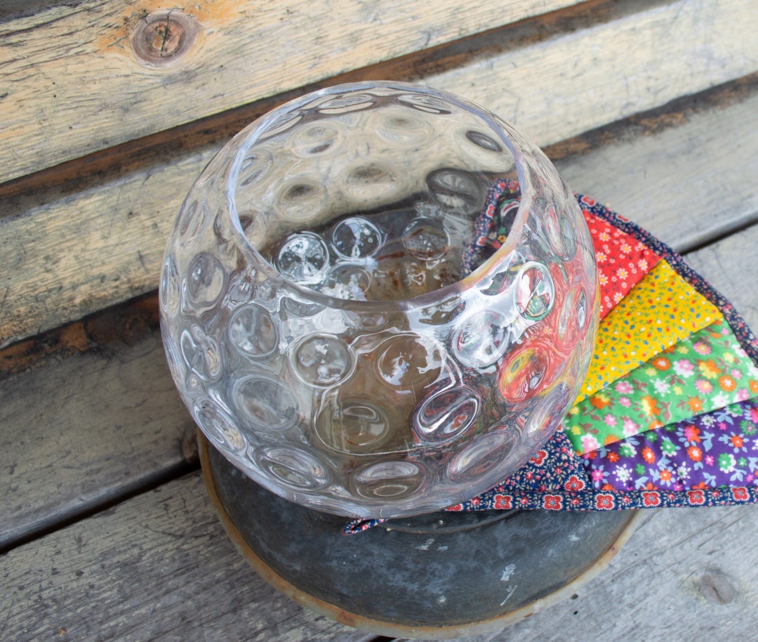 Large Vintage Round Vase, Terrarium, Heavy Dimpled Glass, Mothers Day