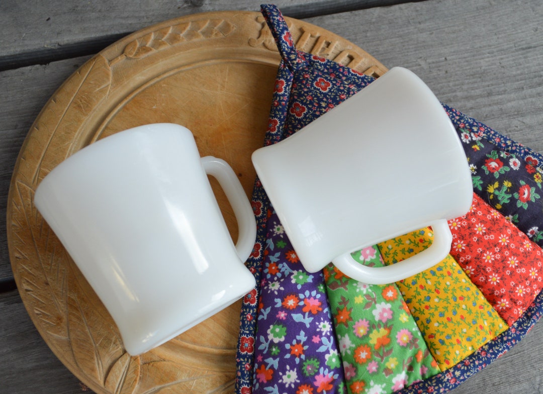 Pair Vintage Fire King Mugs, White, Stackable, D Handle, Coffee Mugs