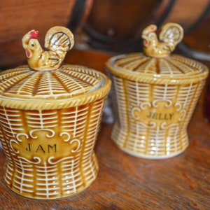 Vintage Rooster Jam & Jelly Set, Basket Weave, 1950&#39;s Japan 22587, Jam Jar, Jelly Jar, Mother&#39;s Day Gift, Gift for Her, Farmhouse Kitchen