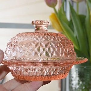 Vintage Jeannette Glass Pink Buttons and Bows 'Holiday' Butter Dish & Lid, 1940s, Depression Glass, Christmas Gift for Her, Gift for Him