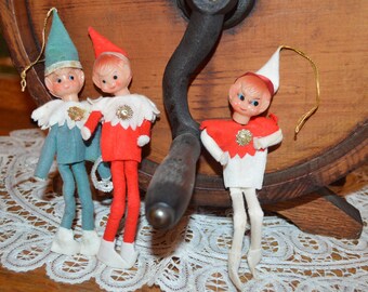 Set of 3 Vintage Knee Hugger-Type Elves, Christmas Pixies, Bendable, 1950s, Felt