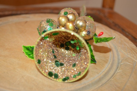 Vintage Gold Christmas Corsage, Mercury Glass Bea… - image 2