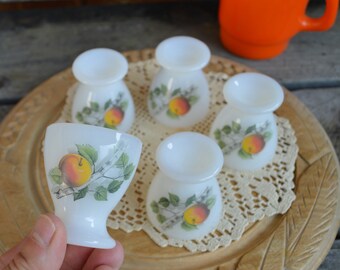 Vintage Arcopal Egg Cups, Fruits de France, Set 5 Egg Cups, French Pyrex, Peach Design, Oven Proof, 1960s, Mothers day Gift for Her,Gift Him