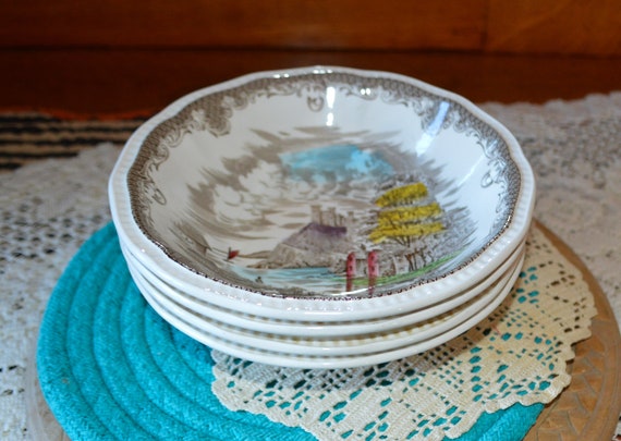 Vintage Shakespeare Sonnets Bowls, Set of 4, Kensington Transferware, England, 1960s, Autumn