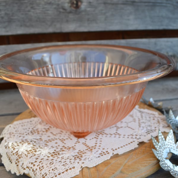 Vintage Hocking Glass Pink Depression Mixing Bowl, 1930s, Salad Bowl, 9.75 inch, Rolled Edge, Ribbed Bowl, Christmas Gift for Her, Gift Him