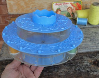 Vintage Celluloid Thread Holder, Sewing Supply Caddy, Mid Century, 1950s, Blue Crafting Box, Sewing Box,Retro Spool Holder, Gift for Her