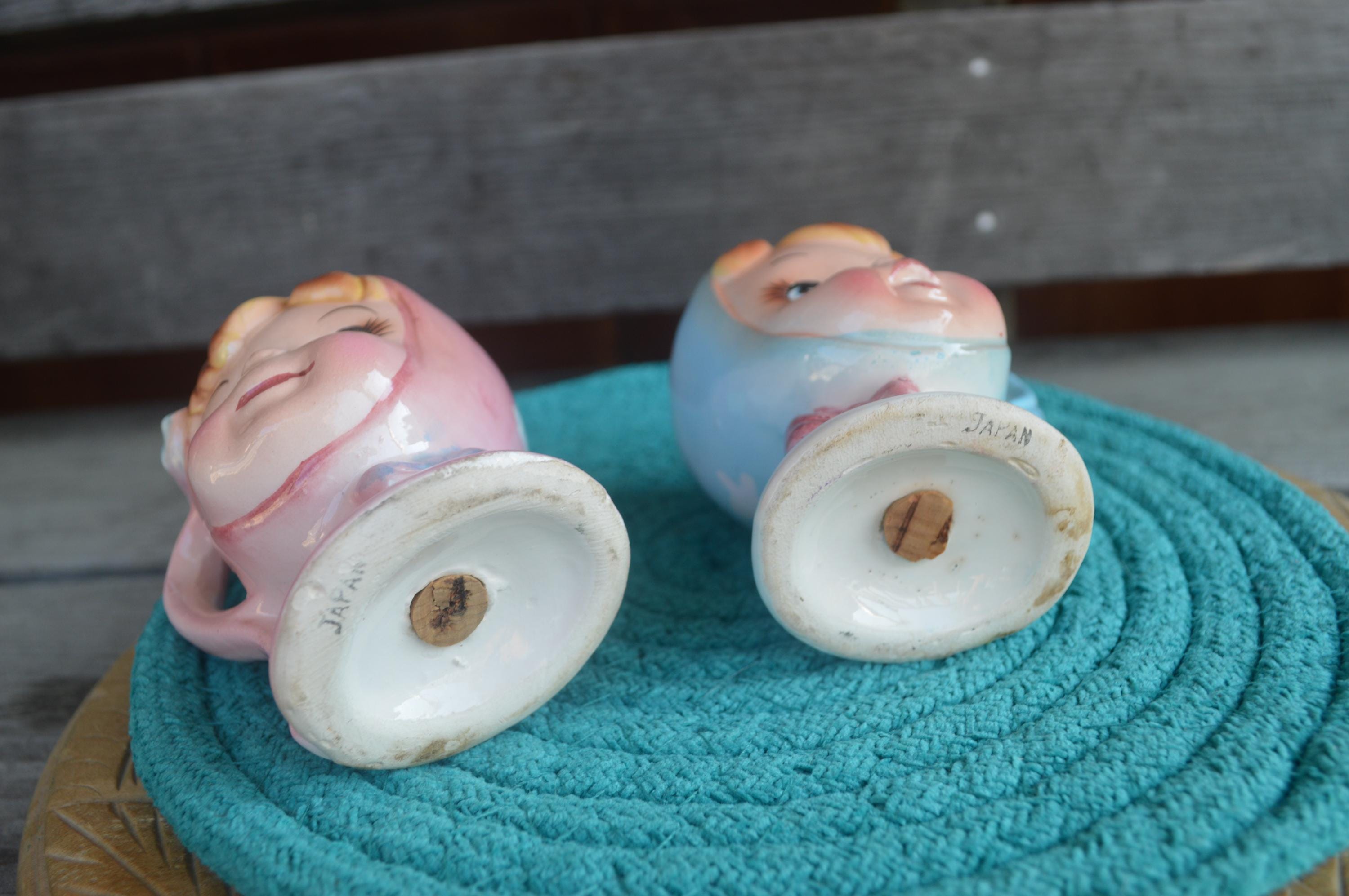 Vintage Boy & Girl Head Salt Pepper Set, Napco, 1950s Japan, Pink