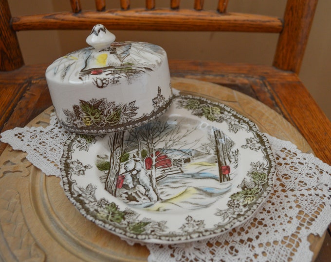 Rare Vintage Friendly Village Butter Dish, Sugar Maples, Transferware