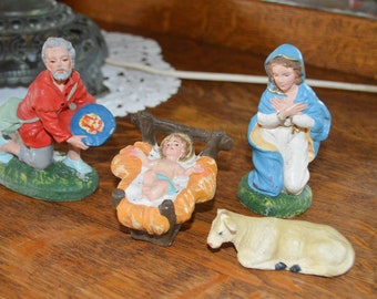 Vintage Nativity Characters, Baby Jesus, Mary, Joseph & Cow, Italian Crèche, Hand Painted, 1940s, 4 Christmas Nativity Figures, Religious